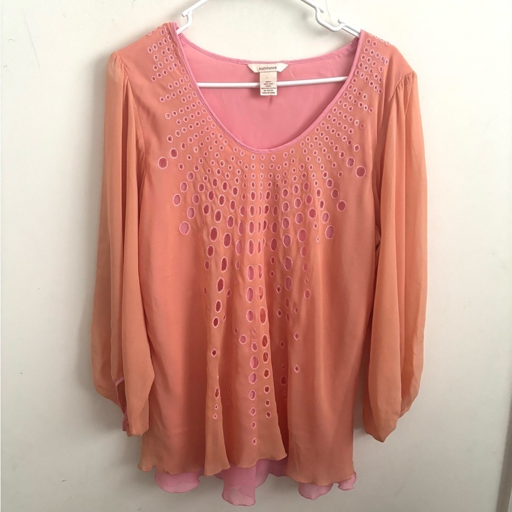 Sundance Blouse Peach Silk Embroidered Peasant Fairycore Boho Tunic Top Flowy
